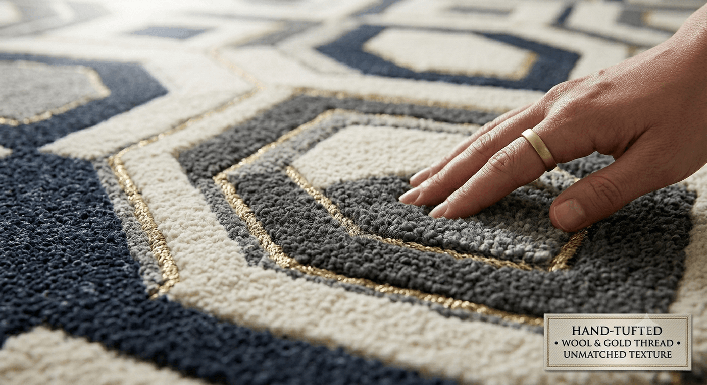 Hand-Tufted Luxury Rug — Wool & Gold Thread project cover from the Wovenwarp Behance portfolio